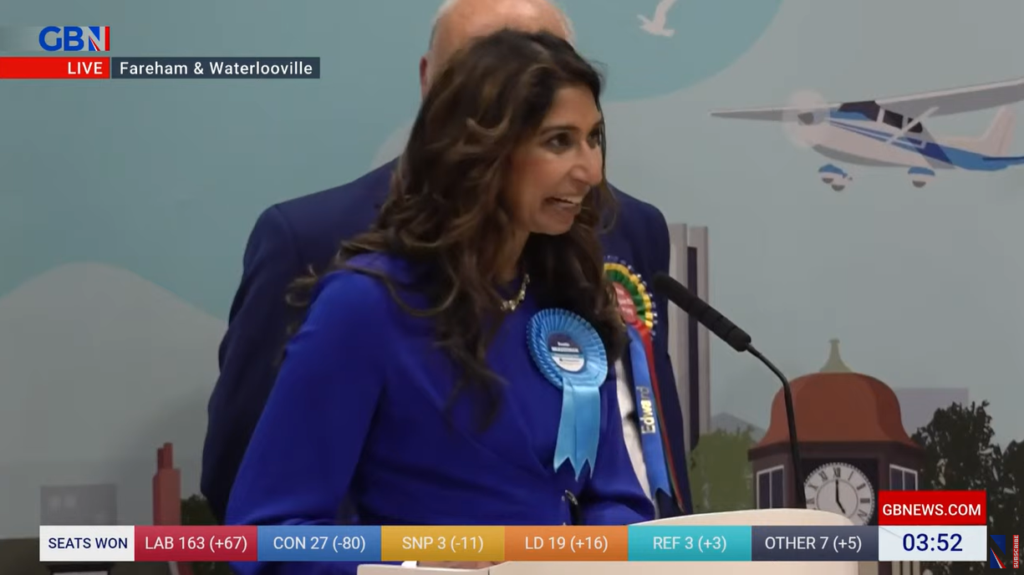 Picture of Suella Braverman on the night of the General Election of which PA were delivering live video coverage of for customers. In this example, it is a live feed taken by GB News.